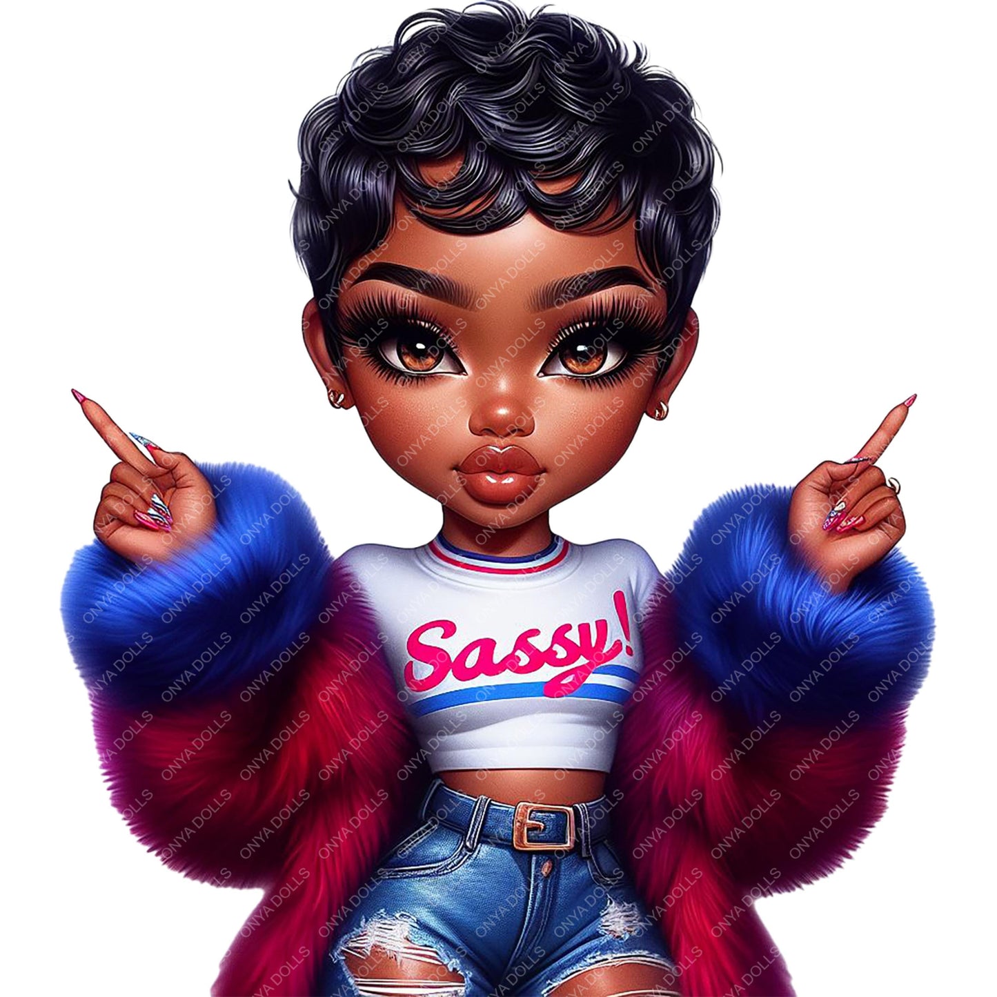 Illustration of a character wearing a 'Sassy' top with a colorful jacket on a white background.
