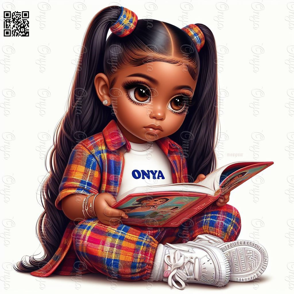 High-resolution PNG of a melanin-rich child reading a book, ideal for school projects, classroom materials, and educational crafts.