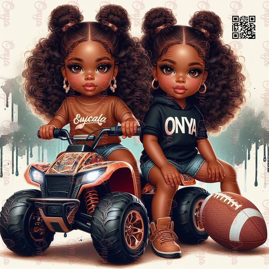 Adorable melanin twin children riding a green tractor, smiling and playful. High-resolution PNG for planners, kids crafts, and sublimation designs.