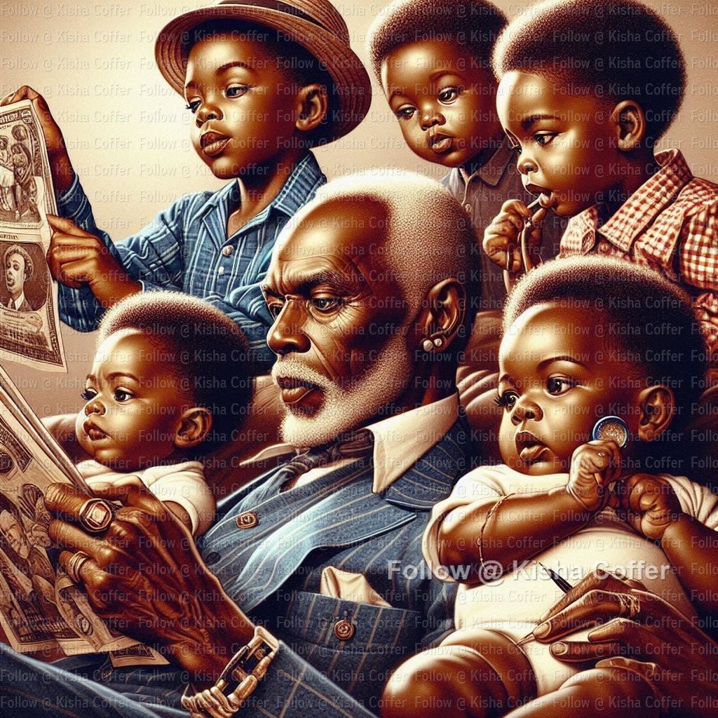 High-resolution PNG of a melanin-rich grandfather enjoying quality time with his grandkids, perfect for family crafts, gifts, and Father’s Day designs.