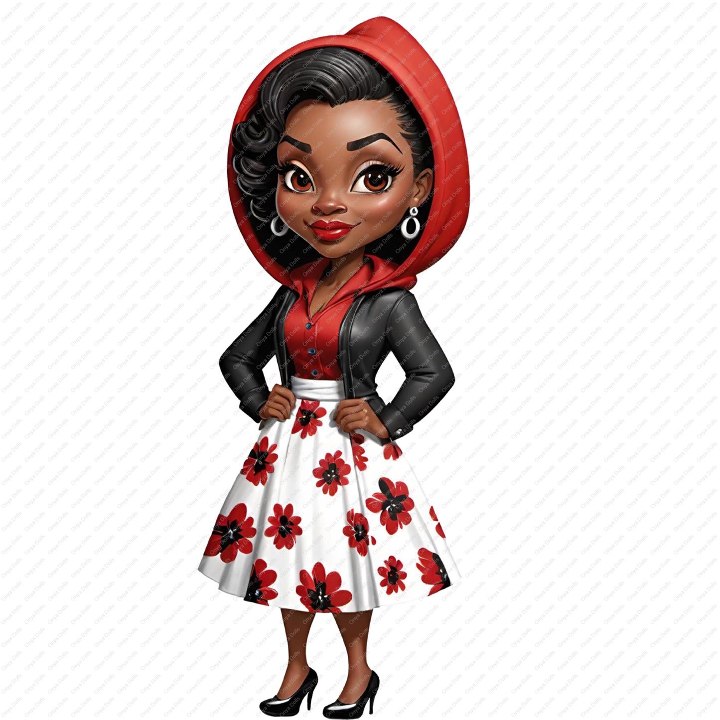 Cartoon character with a red hood, black leather jacket, and white dress with red floral pattern on a white background