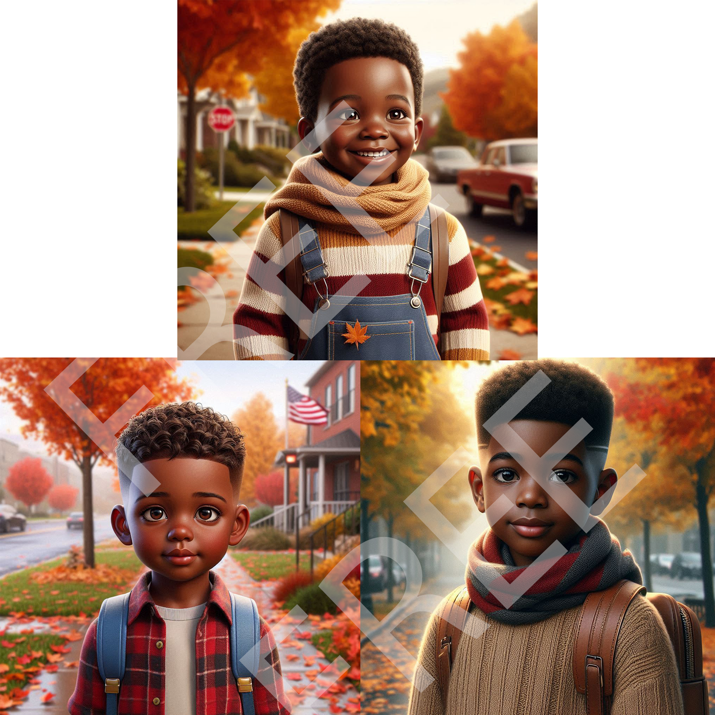 Free PNG download featuring 3 melanin boys in fall outfits with transparent backgrounds, perfect for planners, crafts, and seasonal projects.
