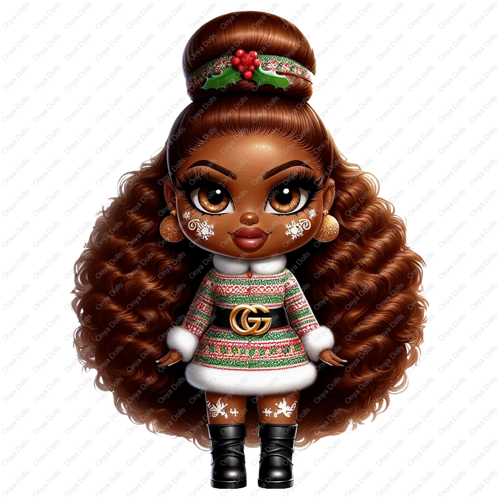 Melanin Onya Doll dressed as a gingerbread woman with curly brown hair, holiday sweater dress, and festive accessories. High-quality PNG with transparent background.