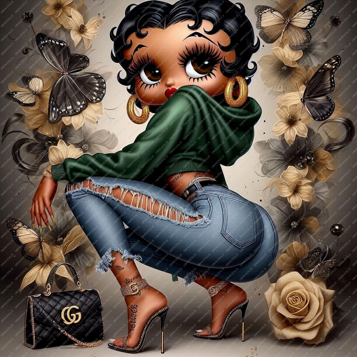 Afro Betty Boop-style baddie in green hoodie, ripped jeans, heels, with butterflies and gold roses—fashionable melanin PNG for crafts.