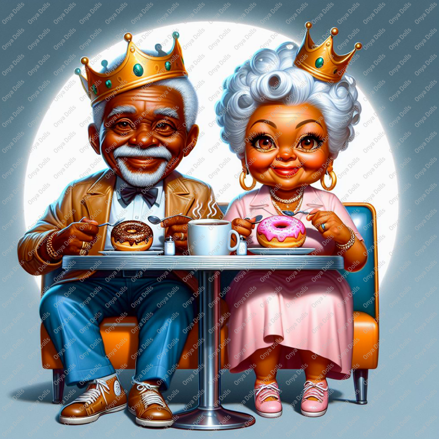 Digital illustration of an African American couple dressed as a regal King and Queen. Both stand confidently side by side, wearing royal-themed outfits with gold accents, symbolizing strength, love, and Black excellence. High-resolution PNG with transparent background, perfect for sublimation and design projects.