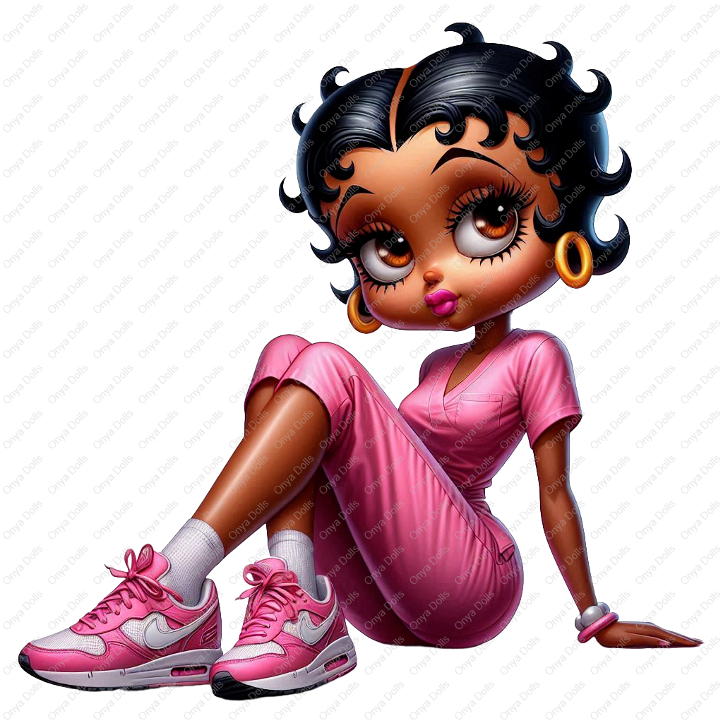 High-resolution PNG of an African American Betty Boop-inspired nurse wearing pink scrubs, with melanin-rich features and confident, stylish pose.