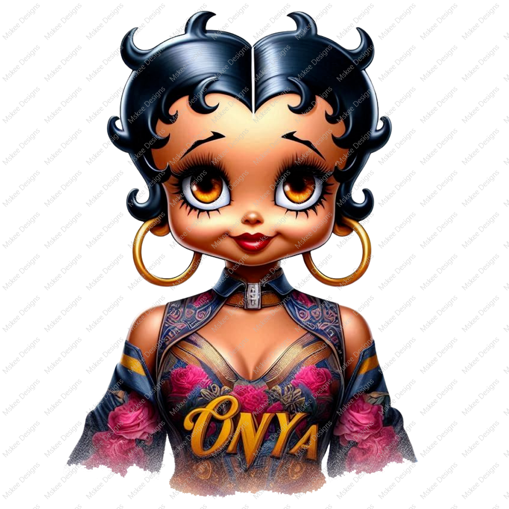 High-resolution PNG of Afro Betty Boop as Baddie Boo, styled for sublimation tumbler wraps. Confident pose, transparent background.