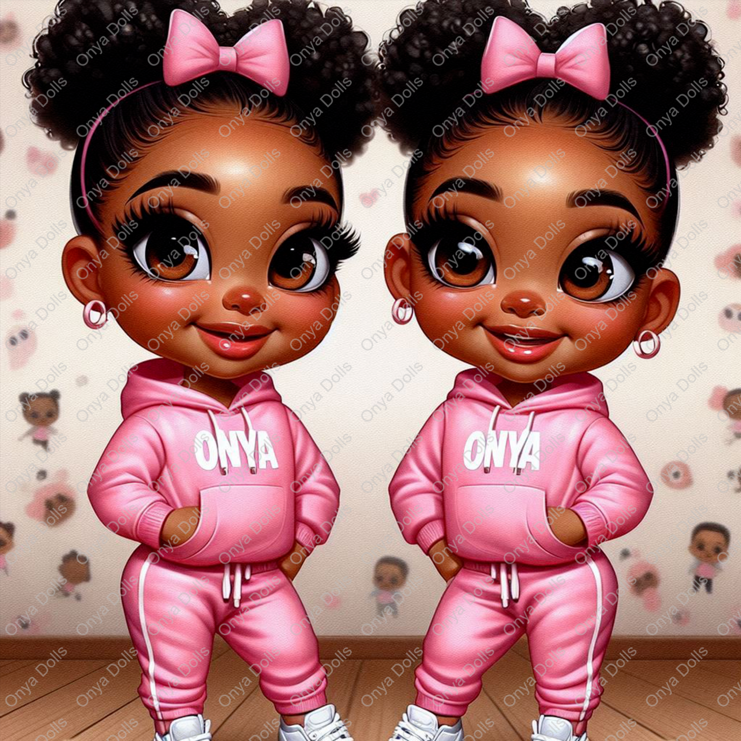High-resolution PNG of twin melanin girls dressed in pink outfits, smiling confidently. Transparent background, ideal for sublimation and digital projects.