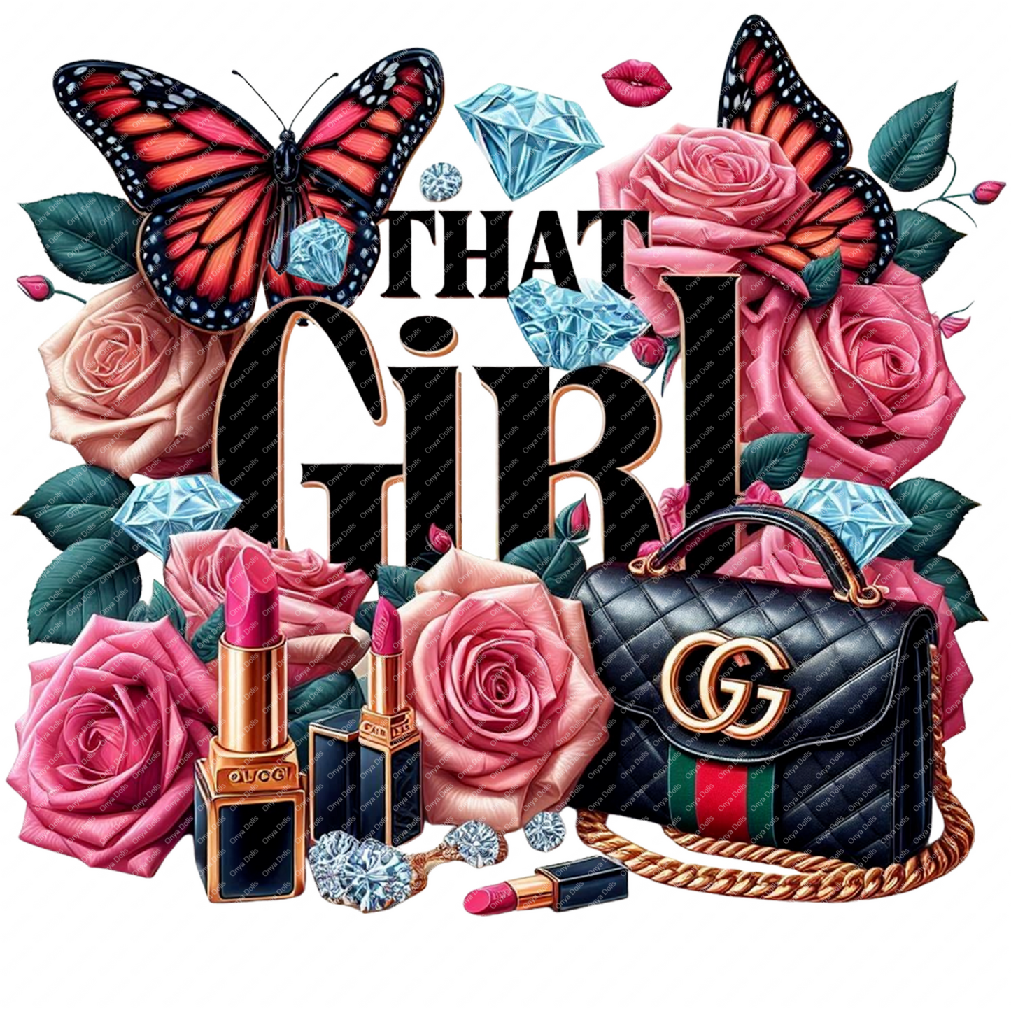 High-resolution PNG of Onya with floral accents and “I’m That Girl” message, ideal for planners, tumblers, sublimation, and digital crafts.