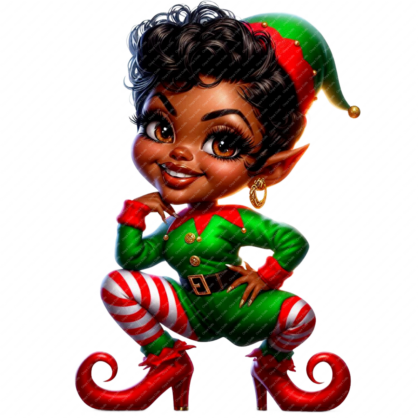 High-resolution PNG of a melanin Onya Doll dressed as a festive Christmas elf with gnome-style charm, perfect for holiday sublimation designs.
