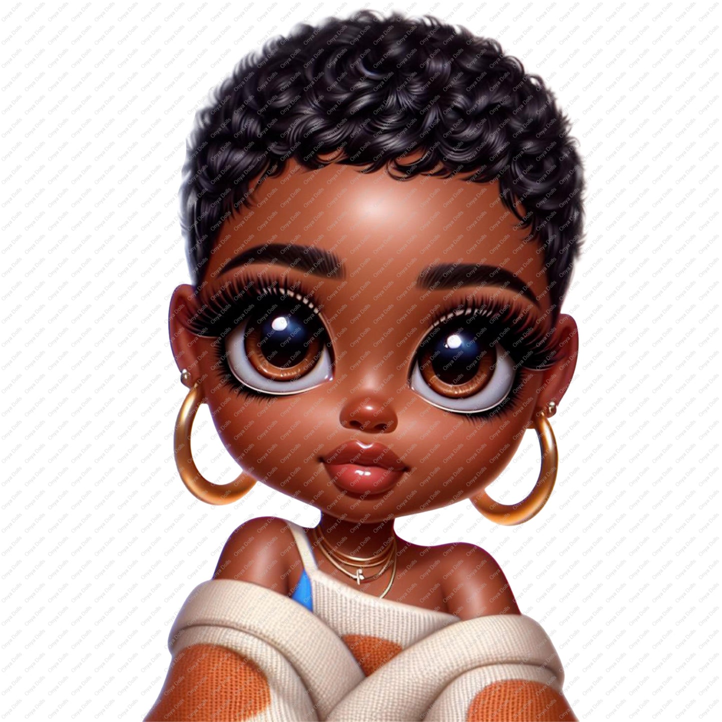 Cartoon character with short black hair, large eyes, and gold hoop earrings on a white background