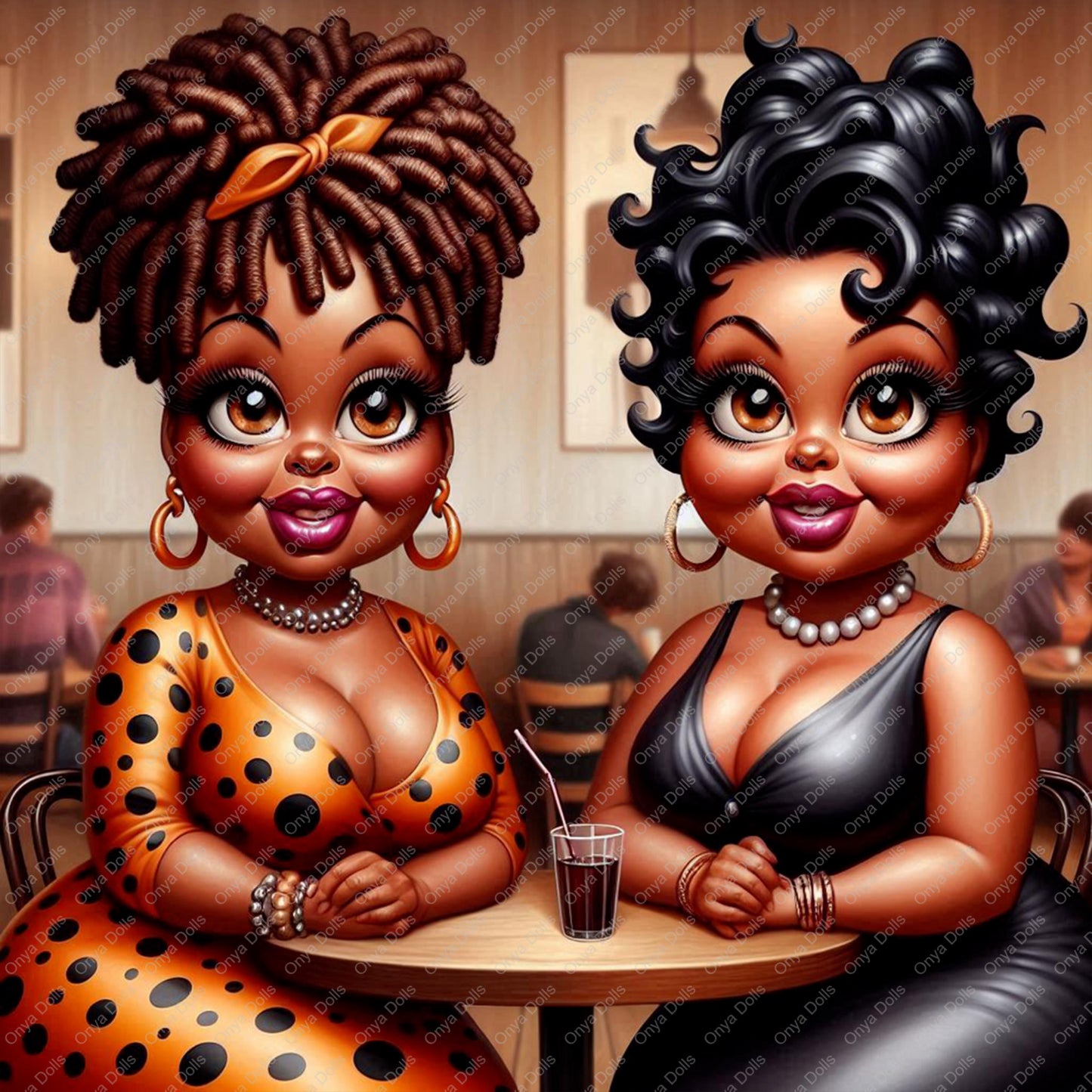 Two animated women sitting at a table in a restaurant setting.