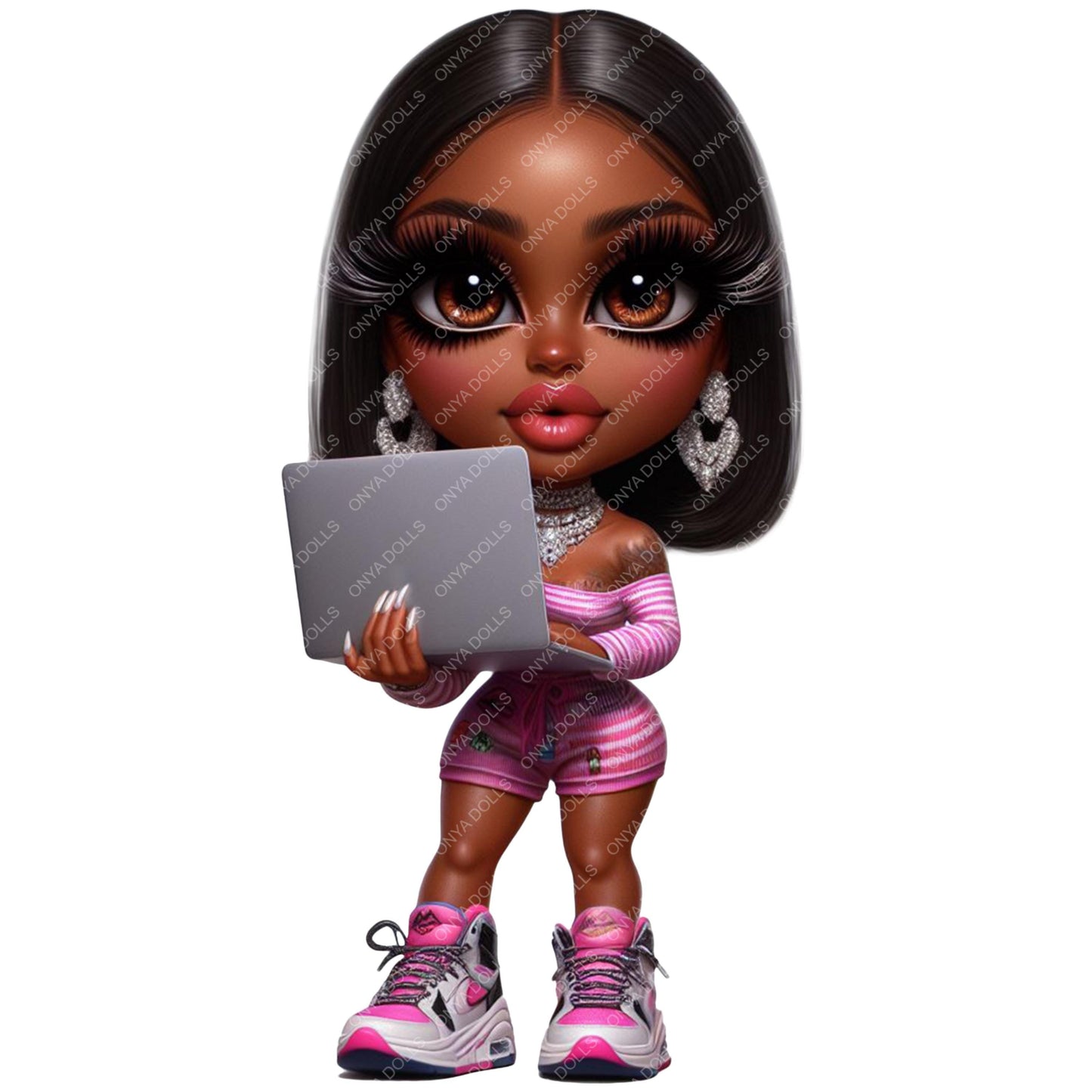 Doll with a laptop on a white background