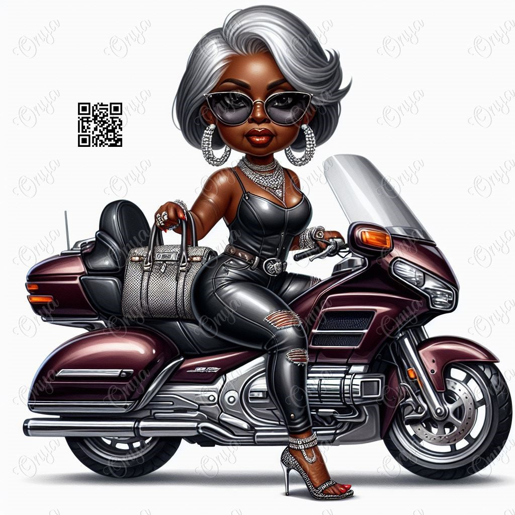 High-resolution PNG of a silver-haired melanin woman riding a Goldwing 1800 motorcycle, perfect for Black History Month designs and biker-themed crafts.