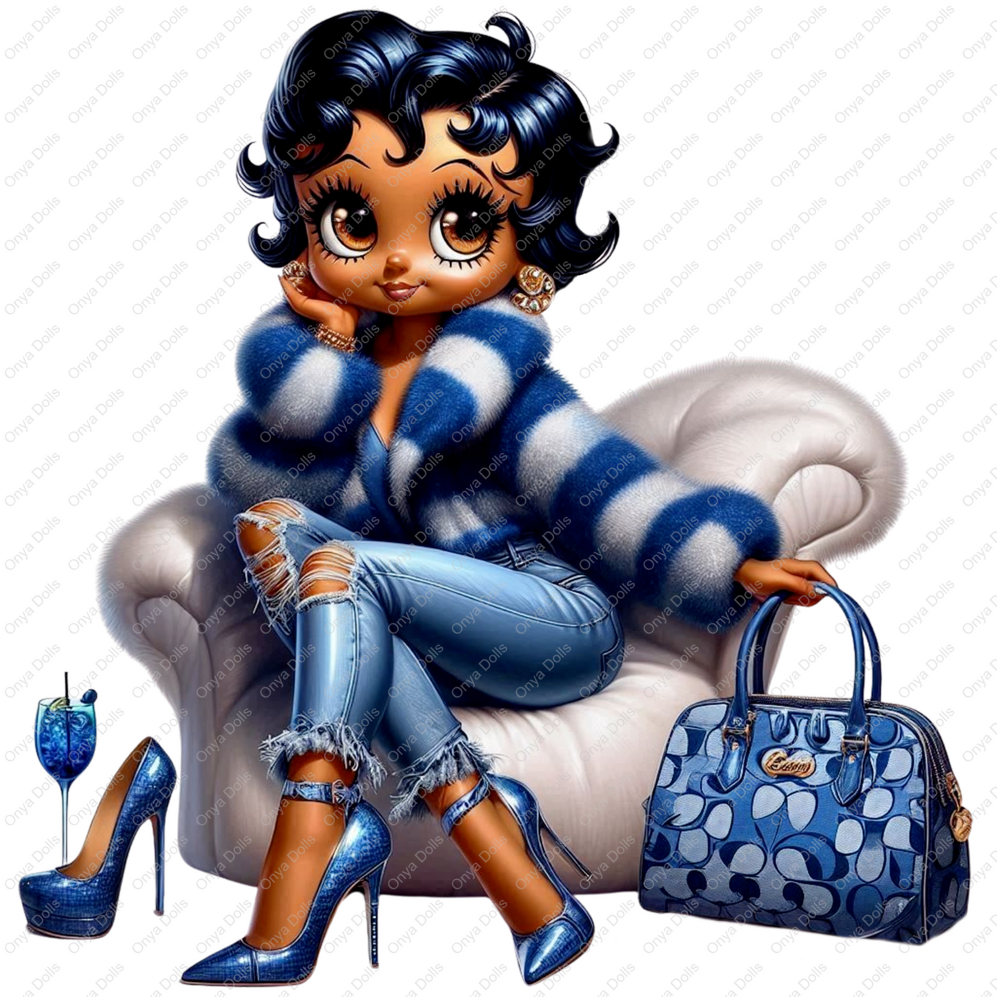 Afro Betty Boop as Baddie Boo sitting in a chair wearing blue striped fur coat, ripped jeans, heels, with matching designer bag. High-res PNG for sublimation.