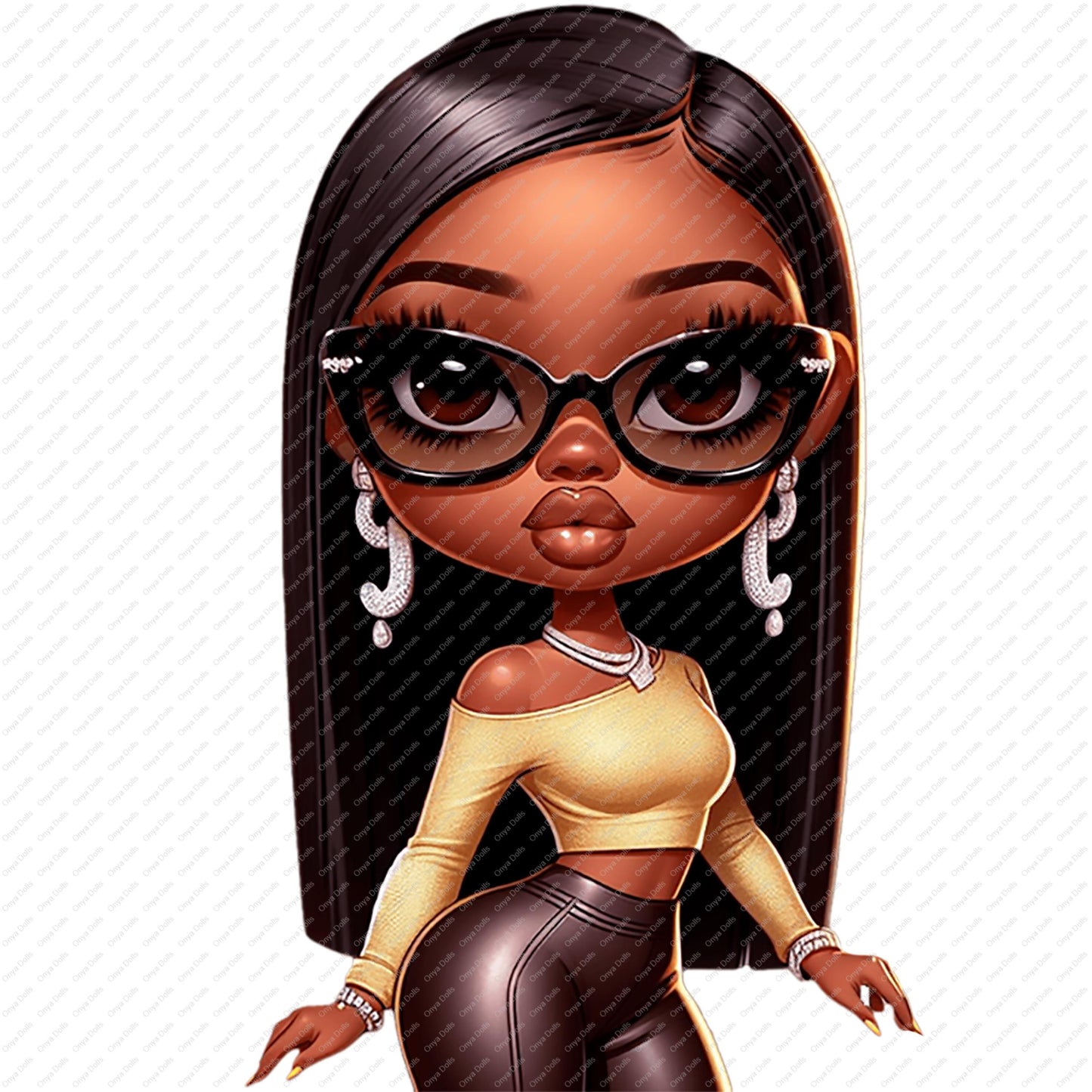 Illustration of a stylized character with sunglasses and a gold top on a white background