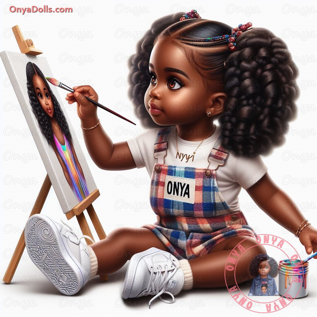 High-resolution PNG of a melanin-rich little girl painting, perfect for art-themed kids' crafts, party decor, shirts, and classroom visuals.
