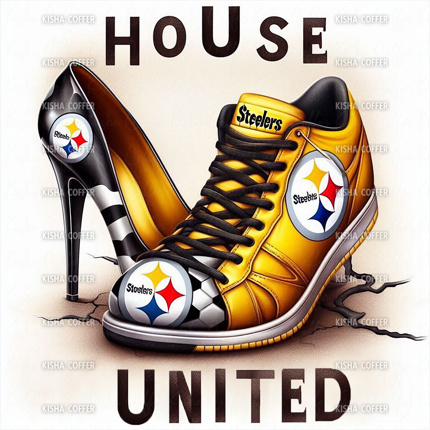 High-resolution PNG of a high heel and sneaker representing a football-loving couple united under one house, perfect for game day and couple merch.