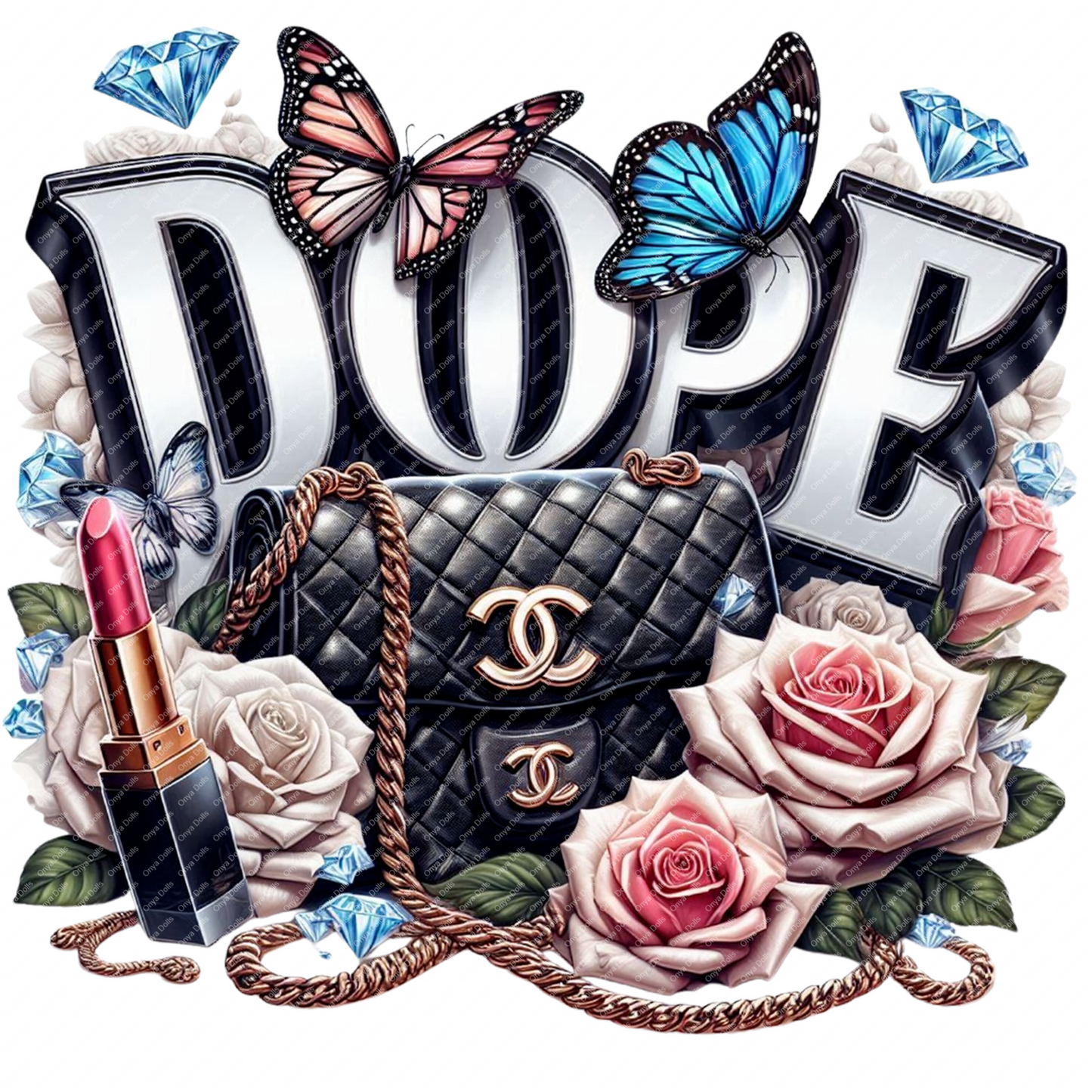 High-resolution PNG of Onya with floral accents and “I’m Dope, She’s Dope” text, perfect for planners, sublimation tumblers, and digital crafts.