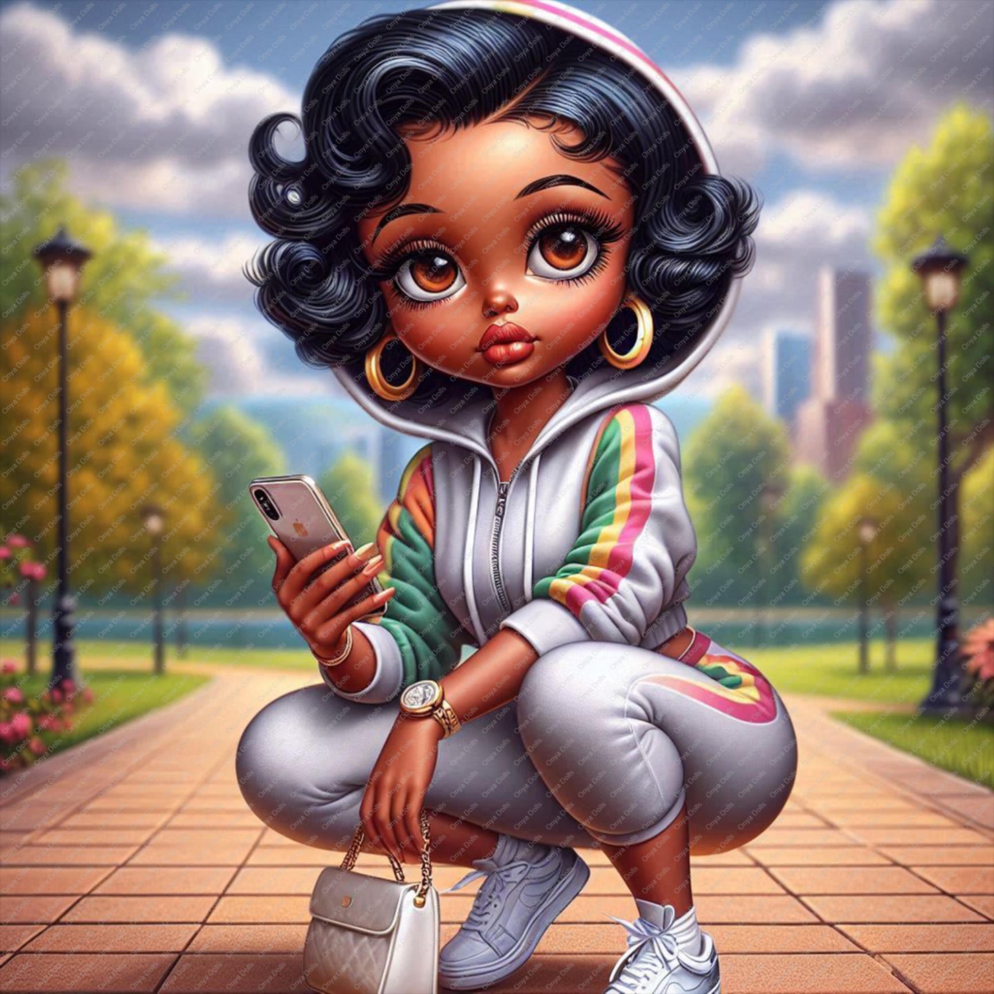 Onya street style clipart showing a Black woman in a tracksuit crouching in a city park while holding a phone