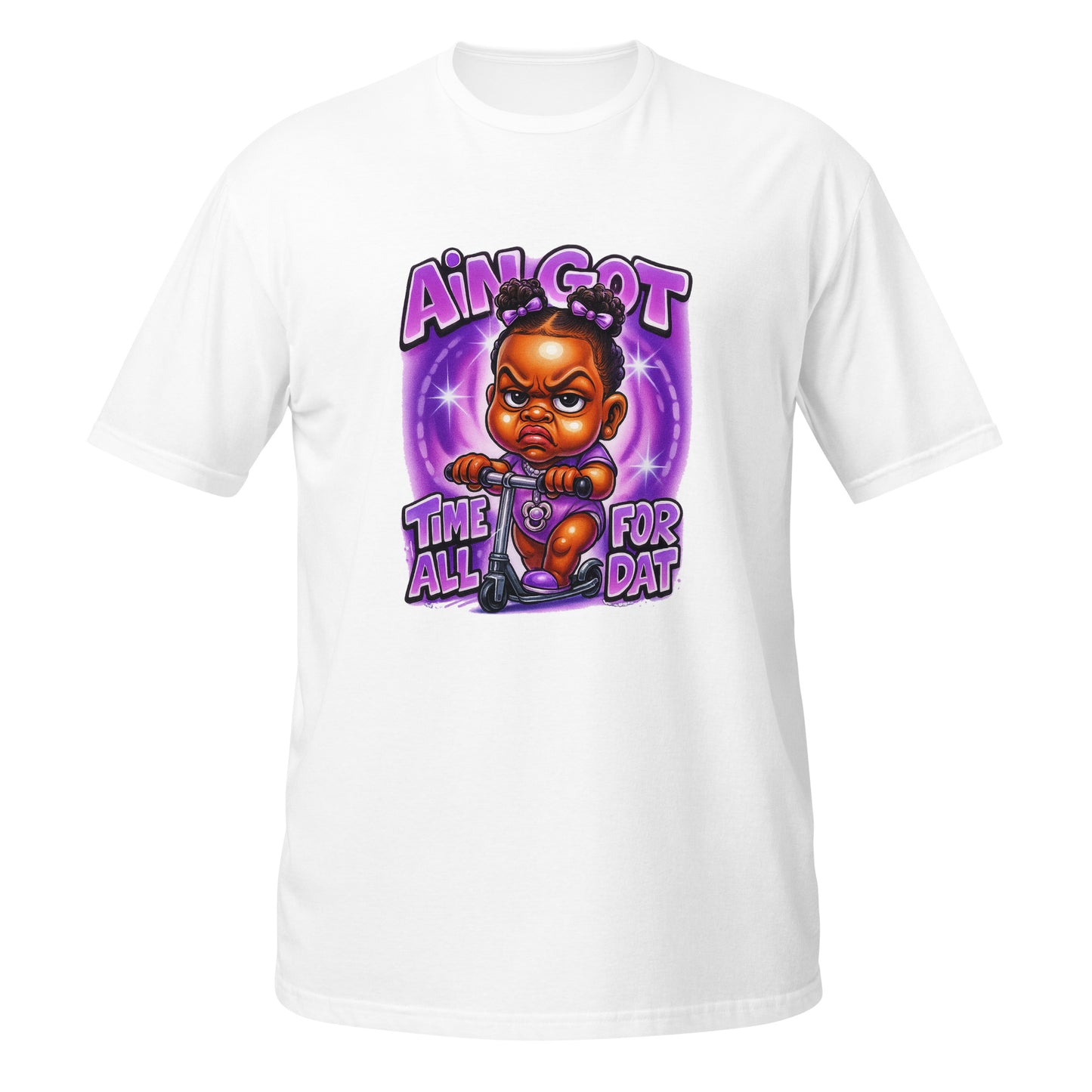 Little giel on a scooter, color is purple and comes with a quote of :Ain Got Time For All That!