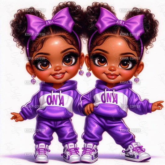 High-resolution PNG of a melanin-rich little girl dressed in purple, perfect for kids’ crafts, planners, shirts, and party-themed digital designs.
