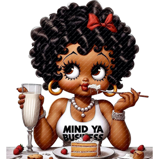 Illustration of a woman with a glass of milk and cake, wearing a 'Mind Ya Business' shirt.