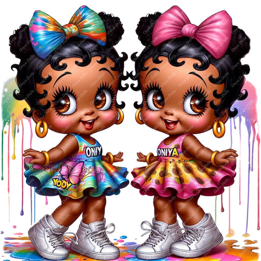 Two cartoon characters with colorful bows and outfits on a multicolored background