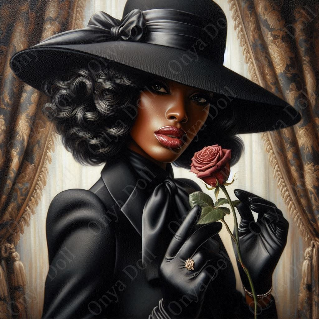 A high-resolution PNG featuring a beautiful African American woman dressed in a sleek, classy black outfit. She stands confidently with elegant posture and melanin-rich features. The file has a transparent background and is perfect for sublimation, planner covers, or digital fashion projects.