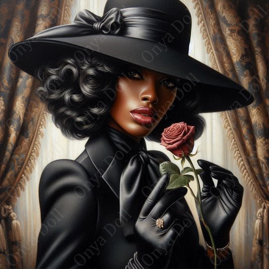A high-resolution PNG featuring a beautiful African American woman dressed in a sleek, classy black outfit. She stands confidently with elegant posture and melanin-rich features. The file has a transparent background and is perfect for sublimation, planner covers, or digital fashion projects.