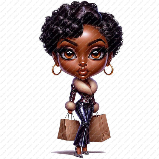 Cartoon character of a woman with shopping bags on a white background