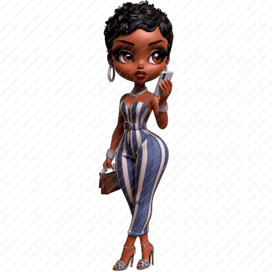 Animated character in a striped jumpsuit holding a phone and a handbag on a white background