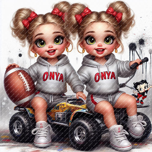 Two animated characters in 'ONYA' hoodies riding a toy car with a colorful background.