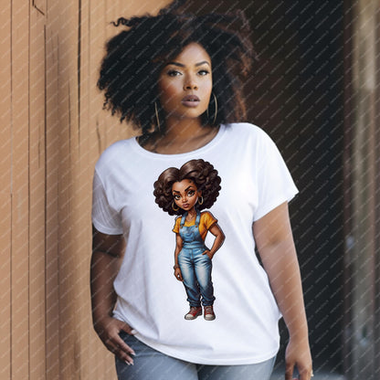 ONYA Melanin Queen PNG – Curly Hair Black Woman in Blue Jeans Clipart for Sublimation, Cricut, & Planners
