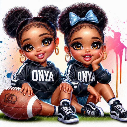 Two dolls with 'ONYA' branding sitting on grass with a football, colorful background
