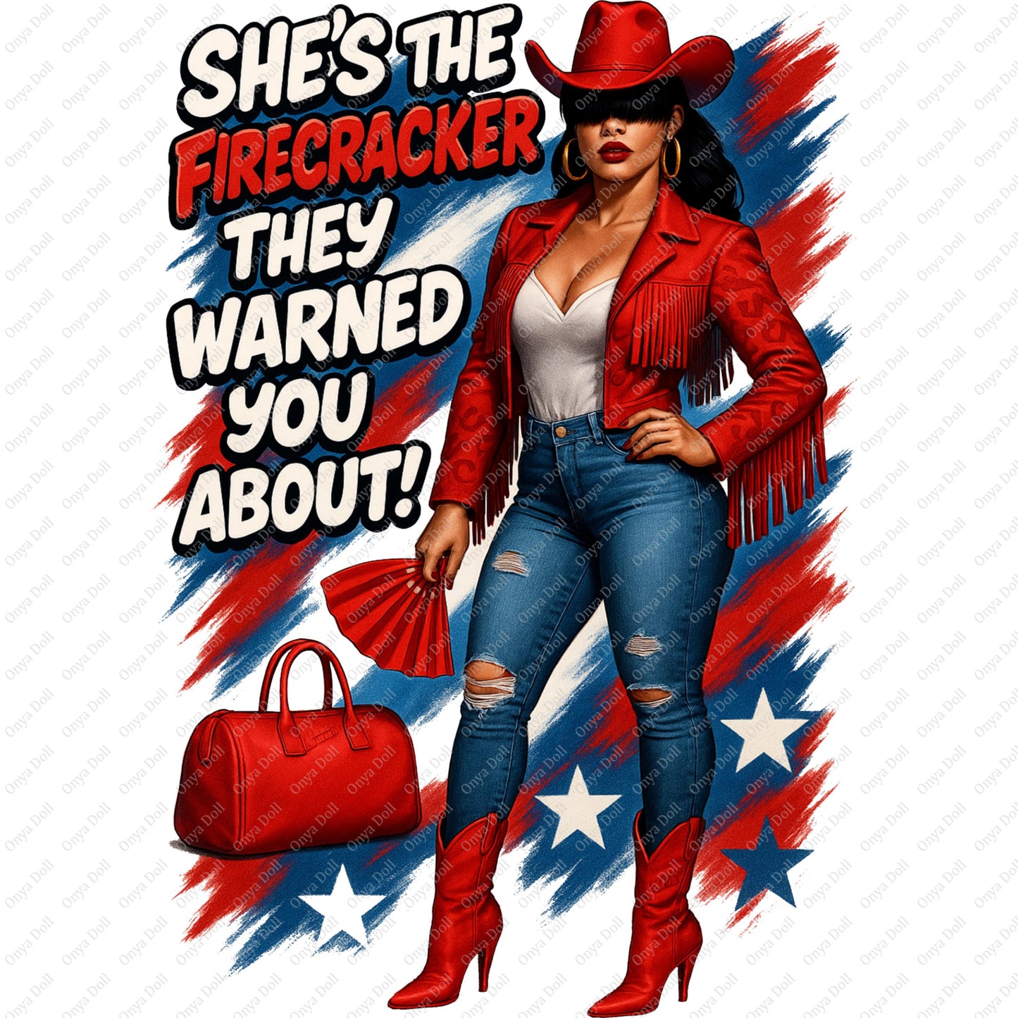 Woman in cowboy outfit with text 'She's the firecracker they warned you about!' on a colorful background