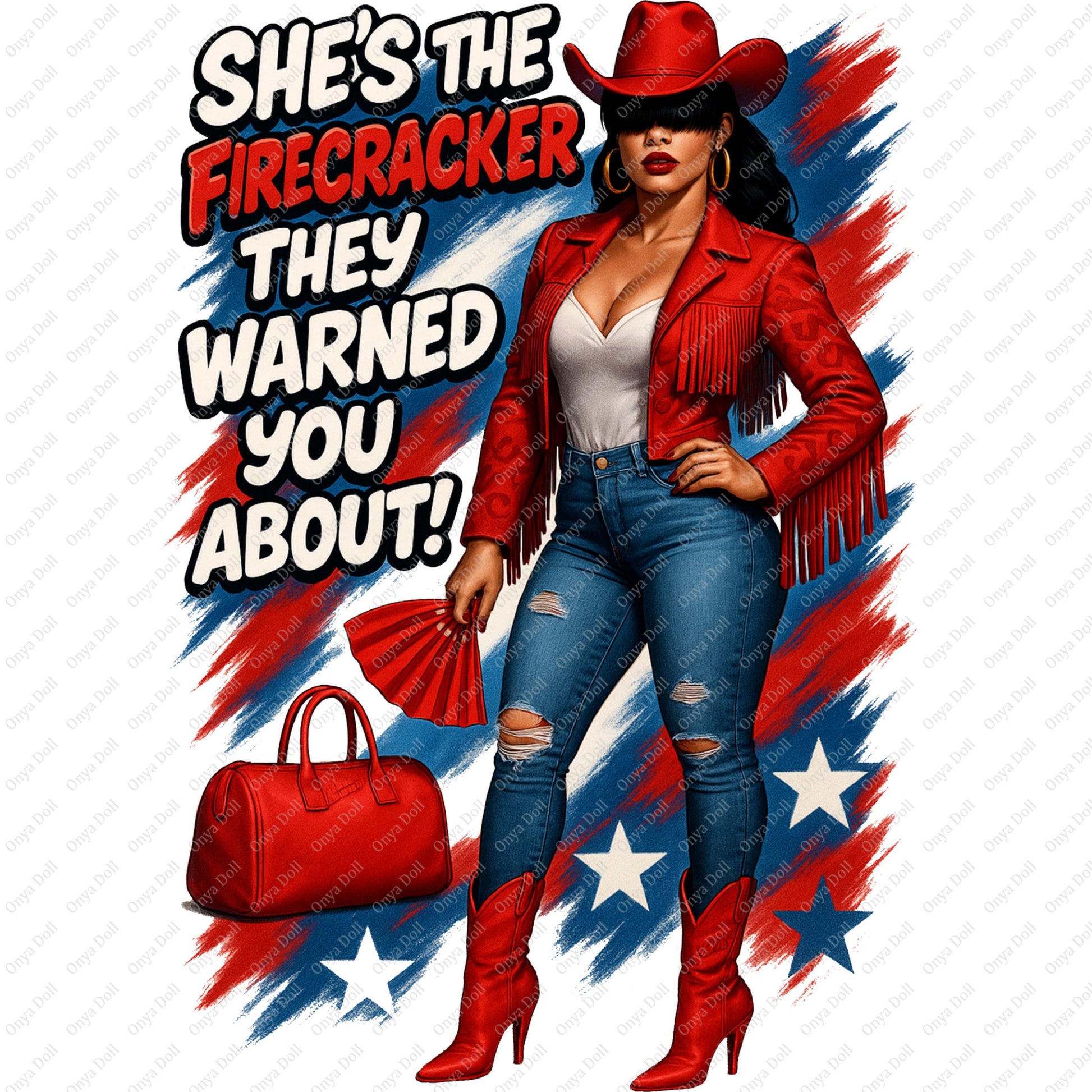 Woman in cowboy outfit with text 'She's the firecracker they warned you about!' on a colorful background
