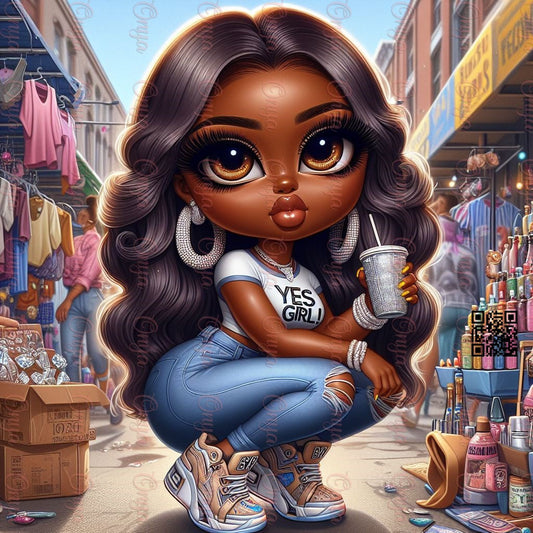 Stylish melanin woman carrying shopping bags at an outdoor market. High-resolution PNG with transparent background for planners, apparel, and lifestyle crafts.
