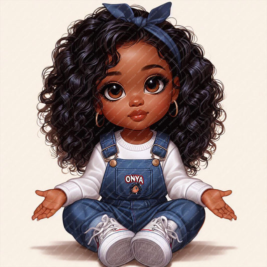 Illustration of a child wearing blue overalls with 'ONYA' branding on a beige background