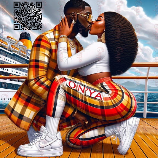 High-resolution PNG of melanin-rich ONYA Doll dressed in Valentine’s Day cruise attire, perfect for romantic and travel-themed sublimation projects. Transparent background.
