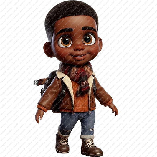 Animated character wearing a brown jacket, scarf, and jeans on a white background