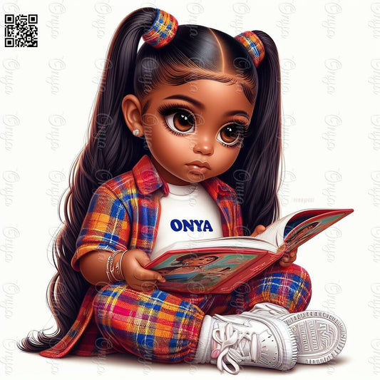 High-resolution PNG of a melanin-rich child reading a book, ideal for school projects, classroom materials, and educational crafts.
