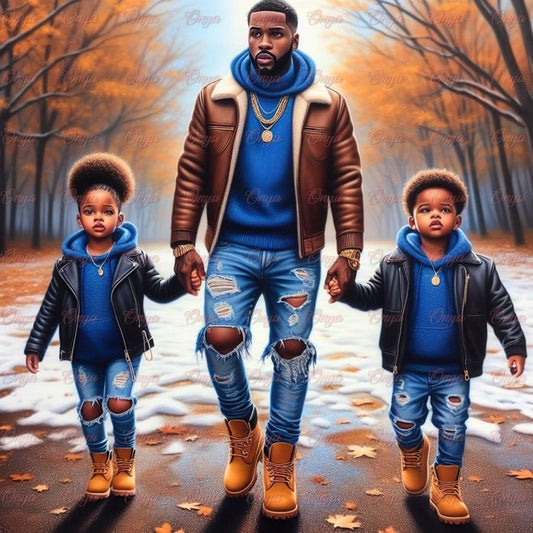 High-resolution PNG of a melanin-rich father with his children in a warm, loving pose. Transparent background, perfect for Father's Day sublimation and planner designs.

