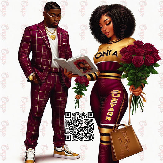 High-resolution PNG of a stylish melanin-rich woman wearing a burgundy outfit. Transparent background, ideal for fashion-themed sublimation and planner designs.
