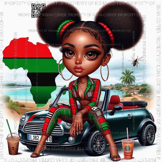 Stylish melanin ONYA digital doll leaning against a car in a confident third pose, representing Black pride and empowerment. High-resolution PNG for sublimation and creative projects.
