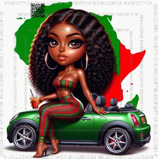 Confident melanin ONYA digital doll leaning against a stylish car, dressed in bold fashion. A powerful Black History-themed PNG for digital crafts and sublimation.

