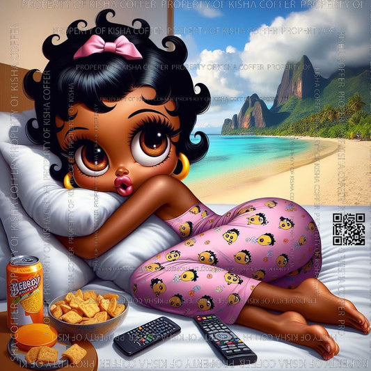 Stylish melanin Black woman relaxing on vacation in a beach setting, shown in digital art with a solid background. High-resolution PNG for seasonal and cultural designs.
