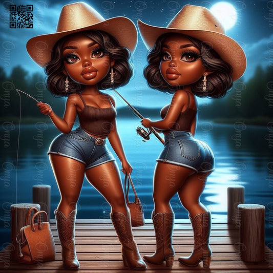 High-resolution PNG of a 2 melanin-rich women, twins, peacefully fishing outdoors, perfect for camping crafts, planners, and nature-themed projects.
