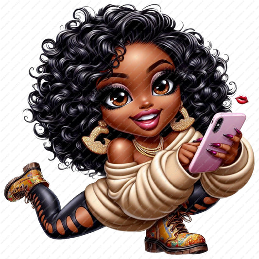 Cartoon character with curly hair holding a phone on a white background
