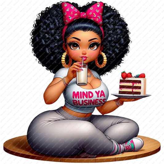 Onya Black Woman PNG – Melanin woman with afro, pearl jewelry, cake and milk, wearing a “Mind Ya Business” shirt. Perfect for planners, Cricut crafts, and sublimation.
